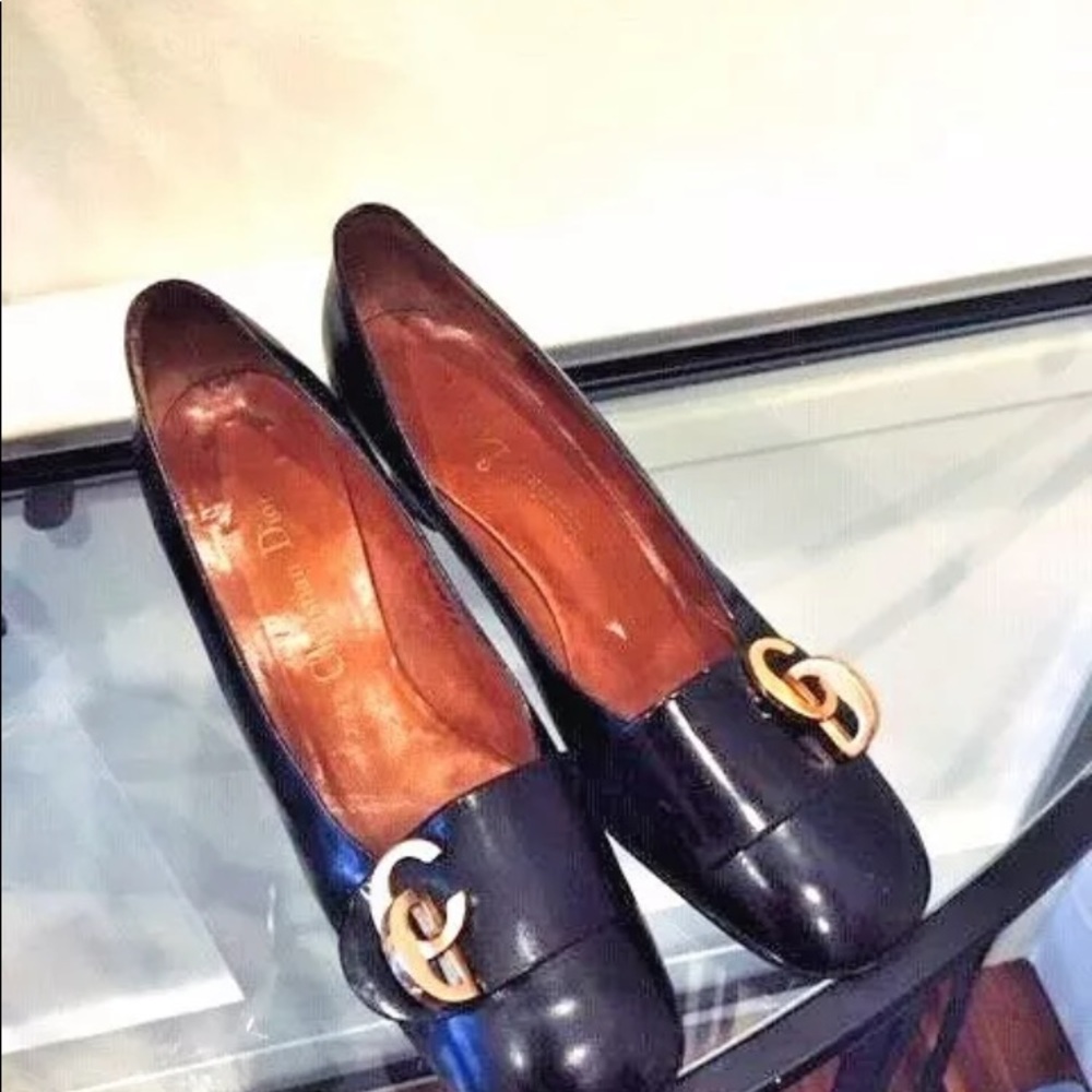 Vtg CHRISTIAN DIOR Black Block Heel logo 6/ 6.5 - Picture 3 of 10